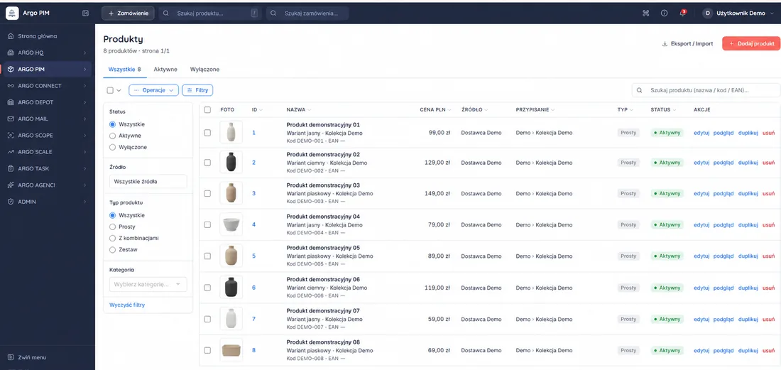 ARGO PIM — katalog produktów · dane demonstracyjne