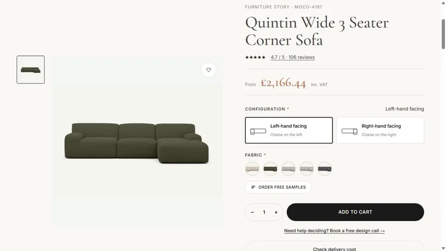 Furniture Story — konfiguracja narożnika i wybór tkaniny